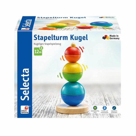 Selecta toy stacking tower ball, stacking tower, toddler game, toddler toy, wood, 16 cm, 62002