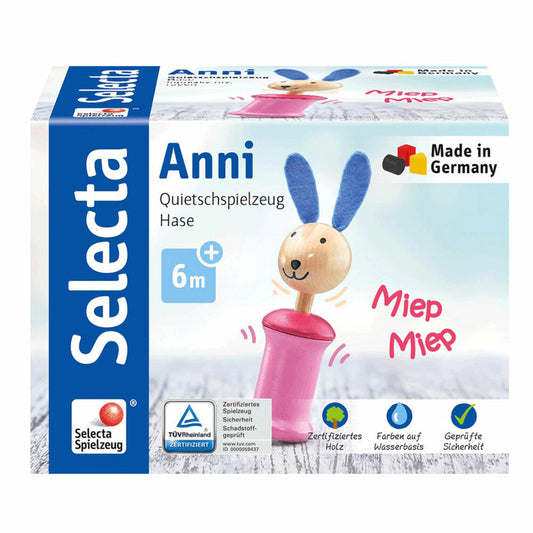 Selecta Spielzeug Anni Hase Grasping Toy with Squeaker, Rattle, Baby Game, Baby Toy, Wood, 17 cm, 61057