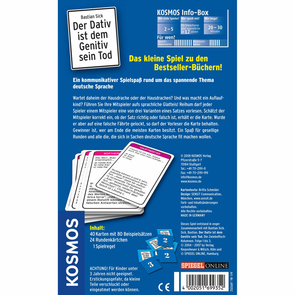 KOSMOS Family Games The dative is the death of the genitive - Bring-along game, game to go with the book, Bastian Sick, German language, ages 12 and up, 699352