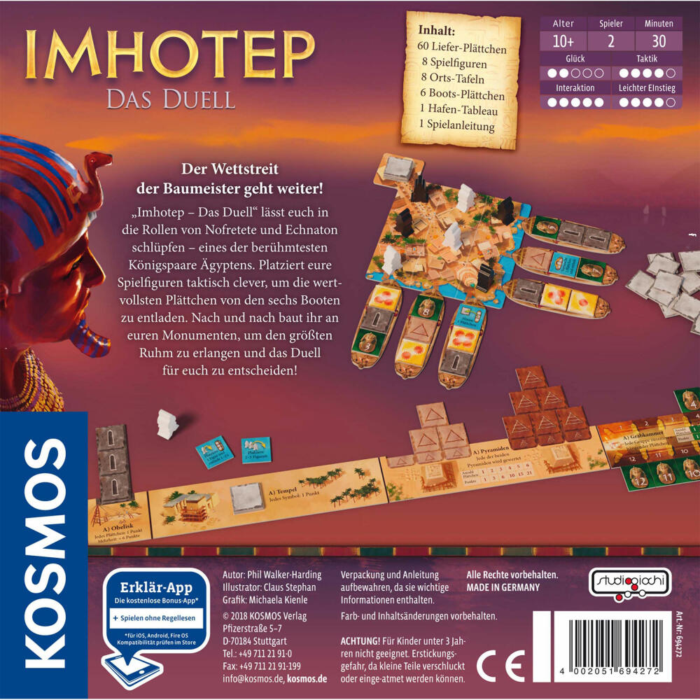 KOSMOS Family Games Imhotep - The Duel, Strategy Game, Construction Projects, Game for Two, Ages 10 and Up, 694272