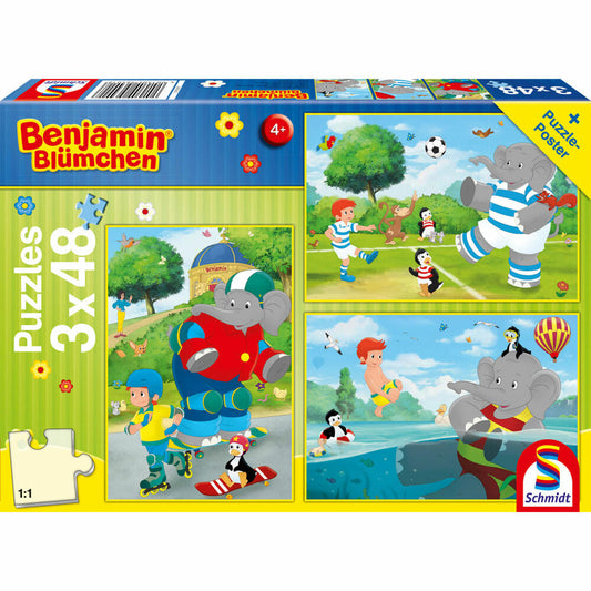 Schmidt Spiele Benjamin Blümchen Sport und Spiel mit Törööö!, Kinderpuzzle, Kinder Puzzle, Kinderpuzzles, 3 x 48 Teile, 56401