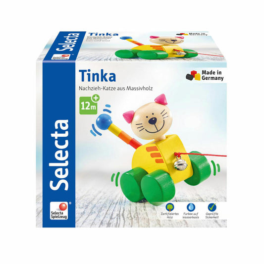 Selecta Toys Tinka Pull-Along Cat, Push Toy, Toddler Game, Toddler Toy, Wood, 12 cm, 62035