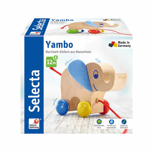 Selecta Toy Yambo Pull-Along Elephant, Push Toy, Toddler Game, Toddler Toy, Wood, 13 cm, 62000