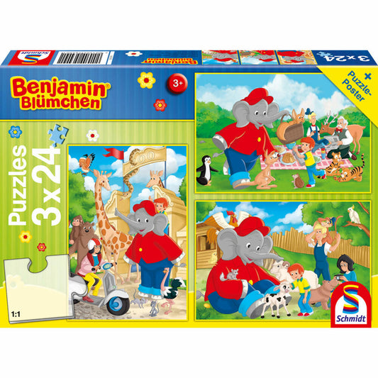 Schmidt Spiele Bejamin Blümchen Im Zoo, Kinderpuzzle, Kinder Puzzle, Kinderpuzzles, 3 x 24 Teile, 56400