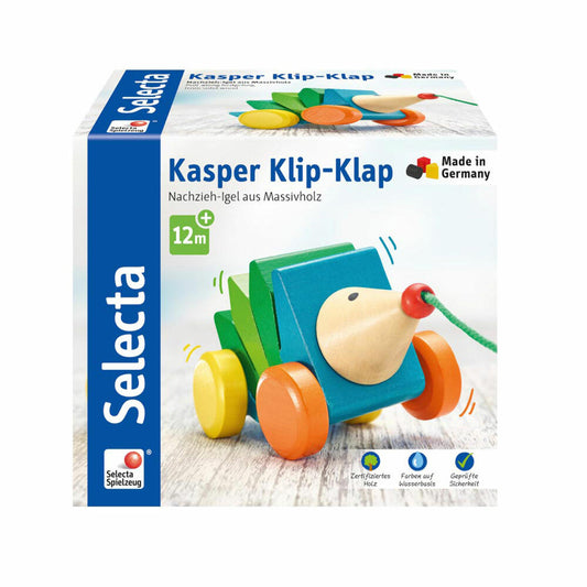 Selecta Spielzeug Kasper Klip-Klap Pull-Along Hedgehog, Push Toy, Toddler Game, Toddler Toy, Wood, 16 cm, 62022