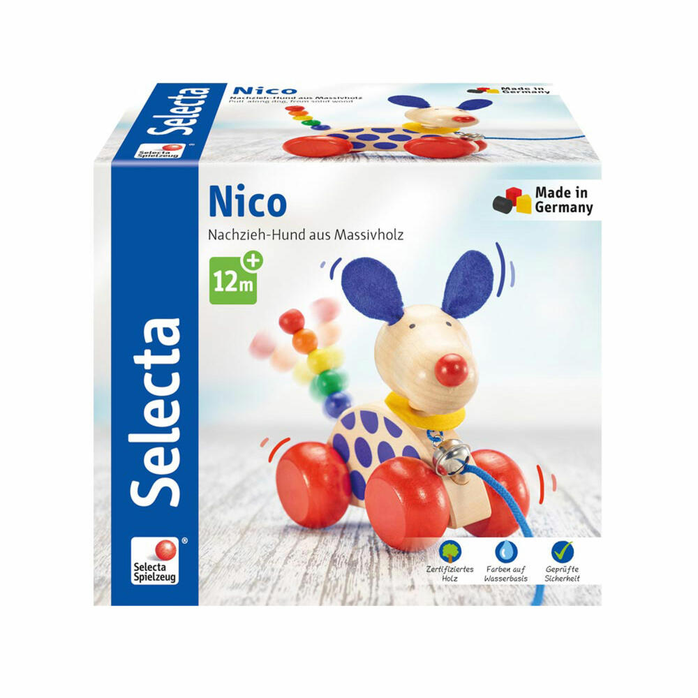 Selecta Toy Nico Pull-Along Dog, Push Toy, Toddler Game, Toddler Toy, Wood, 12 cm, 62026