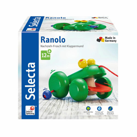 Selecta Spielzeug Ranolo pull-along frog, push toy, toddler game, toddler toy, wood, 11 cm, 62033