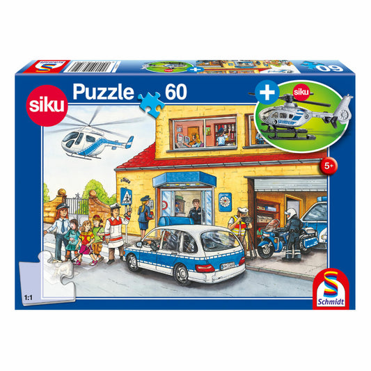 Schmidt Spiele Puzzle Police Station, Children's Puzzle, with Siku Police Helicopter, 60 Pieces, 56351