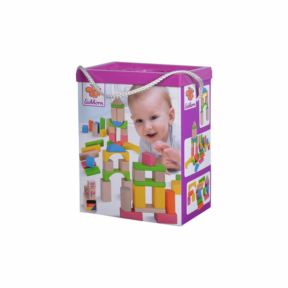 Eichhorn Natural and Colorful Wooden Building Blocks, 60 pcs., Building Blocks, Wooden Stones, Building Blocks, Wooden Blocks, Wood, 100088021