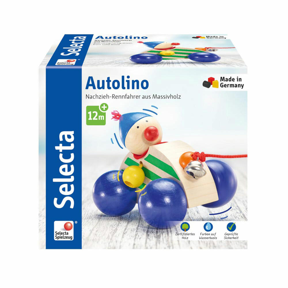 Selecta Spielzeug Autolino pull-along car, push toy, toddler game, toddler toy, wood, 11 cm, 62024
