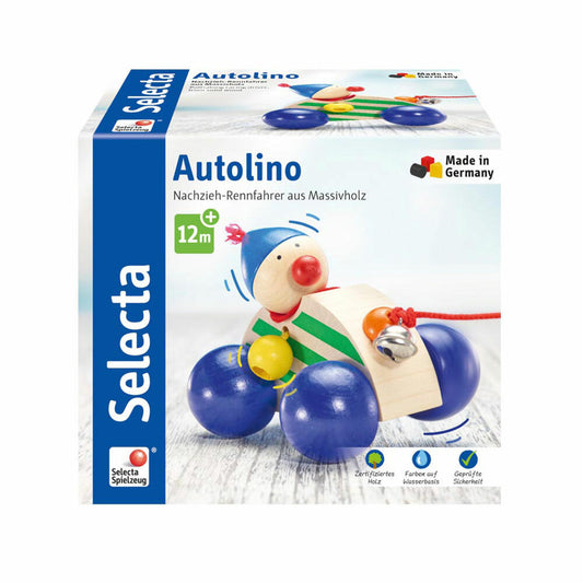 Selecta Spielzeug Autolino pull-along car, push toy, toddler game, toddler toy, wood, 11 cm, 62024