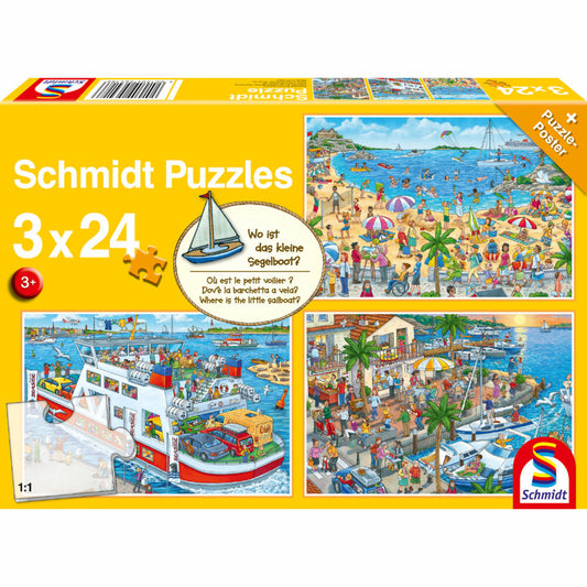 Schmidt Spiele Wo ist das kleine Segelboot?, Kinderpuzzle, Kinder Puzzle, Kinderpuzzles, 3 x 24 Teile, 56418