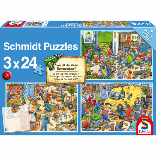 Schmidt Spiele Wo ist die kleine Bohrmaschine?, Kinderpuzzle, Kinder Puzzle, Kinderpuzzles, 3 x 24 Teile, 56417