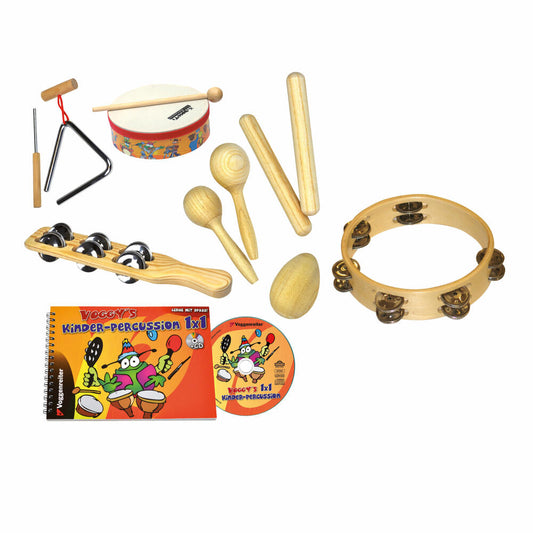 Voggenreiter Percussion-Set, 11-tlg., Maracas, Trommel, Triangel, Egg-Shaker, Schellenkranz