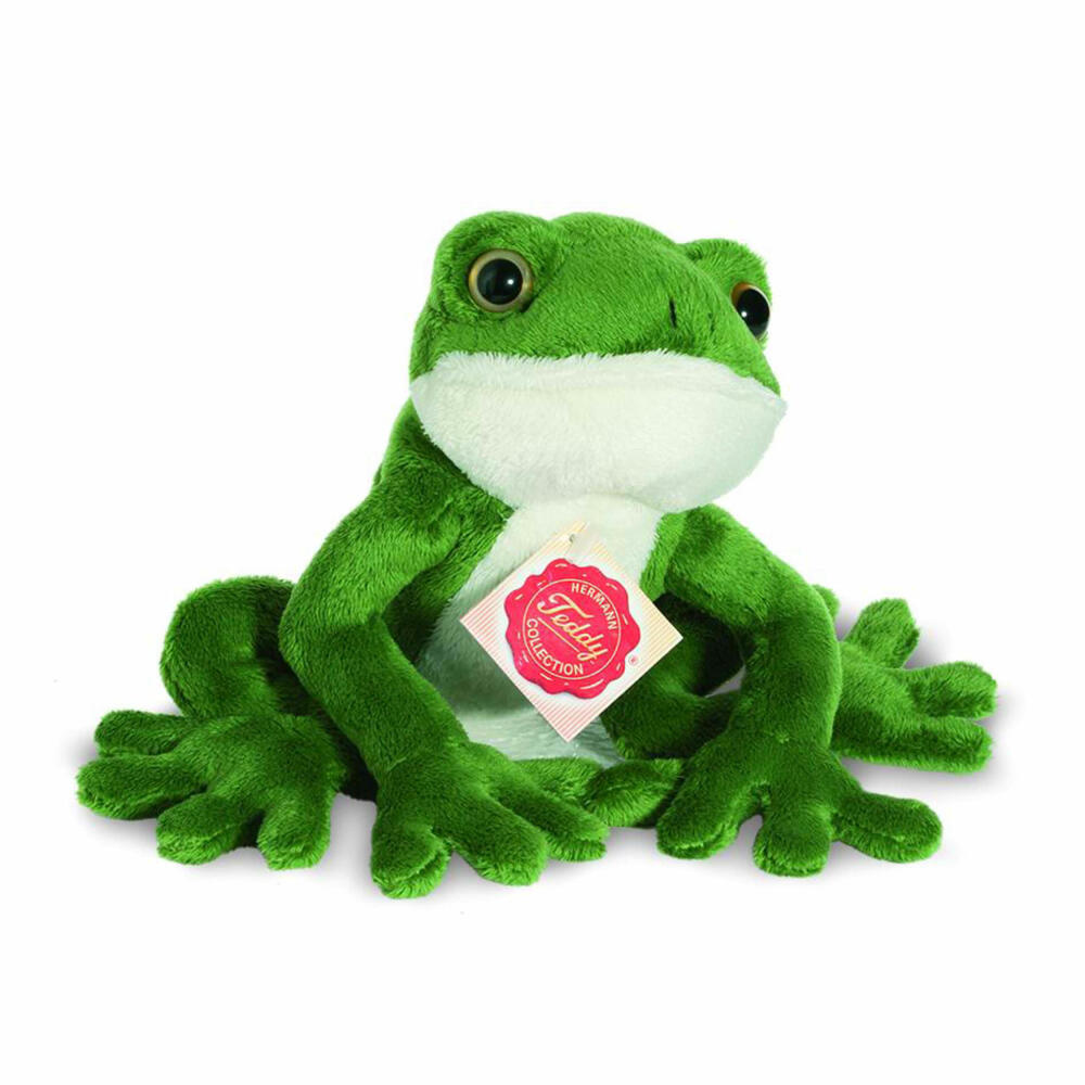 Teddy Hermann frog cuddly toy, stuffed toy, plush toy, sitting, plush, green, 15 cm, 92020