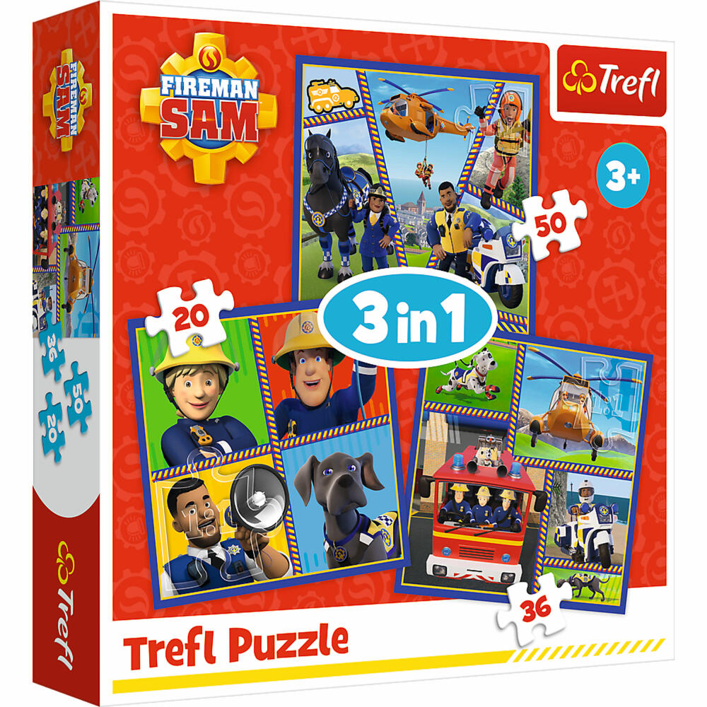 Trefl 3 in 1 Puzzle - Feuerwehrmann Sam, 20 + 50 + 36 Teile, 20 x 19.5 cm, 34868