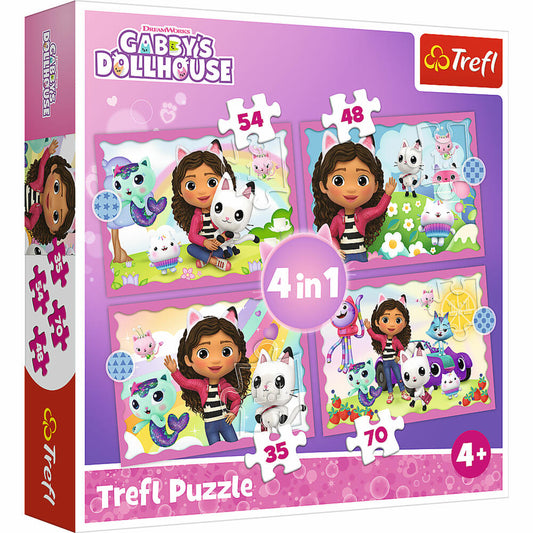 Trefl 4 in 1 Puzzle - Gabbys Dollhouse, 35 + 48 + 54 + 70 Teile, 28.5 x 20.5 cm, 34620
