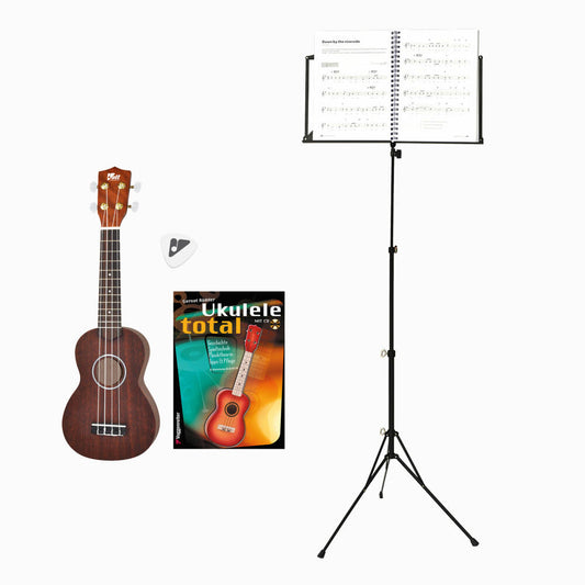 Voggenreiter Ukulele Set, 5-tlg., Complete Holzukulele, Notenständer NS-100, Gitarre, Lernbuch, Notenpult