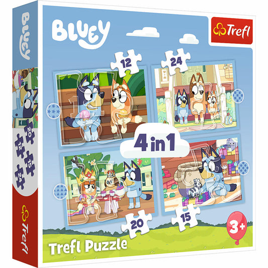 Trefl 4 in 1 Puzzle - Bluey, 12 + 15 + 20 + 24 Teile, 28.5 x 20.5 cm, 34637