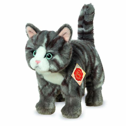 Teddy Hermann Katze, Kuscheltier, Stofftier, Plüschtier, Haustier, stehend, Plüsch, Grau getigert, 20 cm, 91822