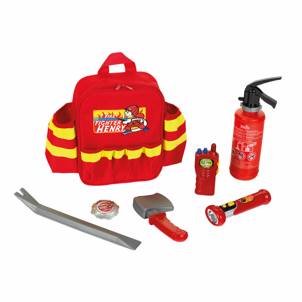 Theo Klein Fire Fighter Henry Fire Brigade Backpack, 7-piece, Fire Extinguisher, Axe, Children's Toy, 8900