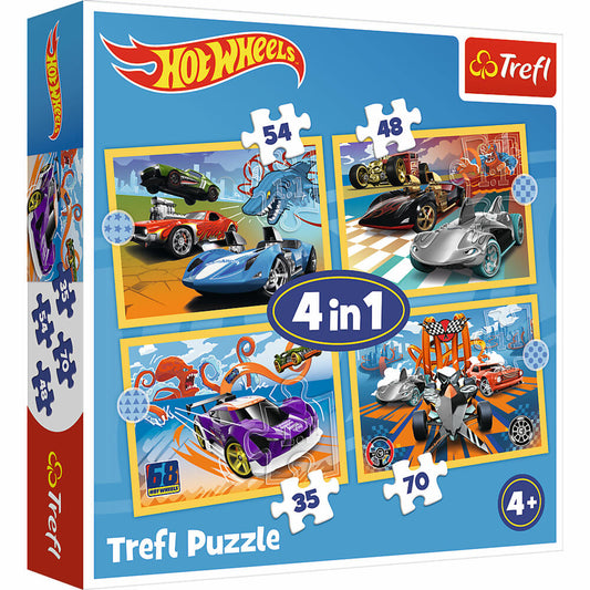 Trefl 4 in 1 Puzzle - Hot Wheel, 35 + 48 + 54 + 70 Teile, 28.5 x 20.5 cm, 34627