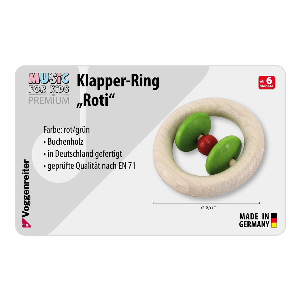 Voggenreiter Music For Kids Premium Rattle-Ring Roti, Rattle, Musical Toy, Wooden Musical Toy, Red / Green, 1124