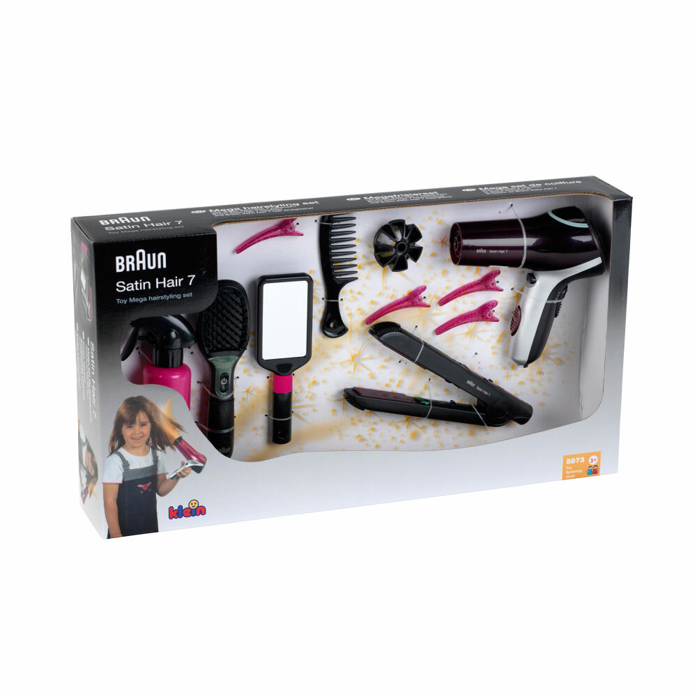 Theo Klein Megafrisierset, 10-tlg., Braun Satin Hair 7, Frisierset, Haarbürste, Fön, Spielzeug, Kinder, 5898
