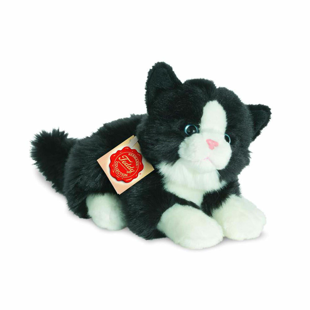 Teddy Hermann cat, cuddly toy, stuffed toy, plush toy, pet, lying, plush, black and white, 20 cm, 90689