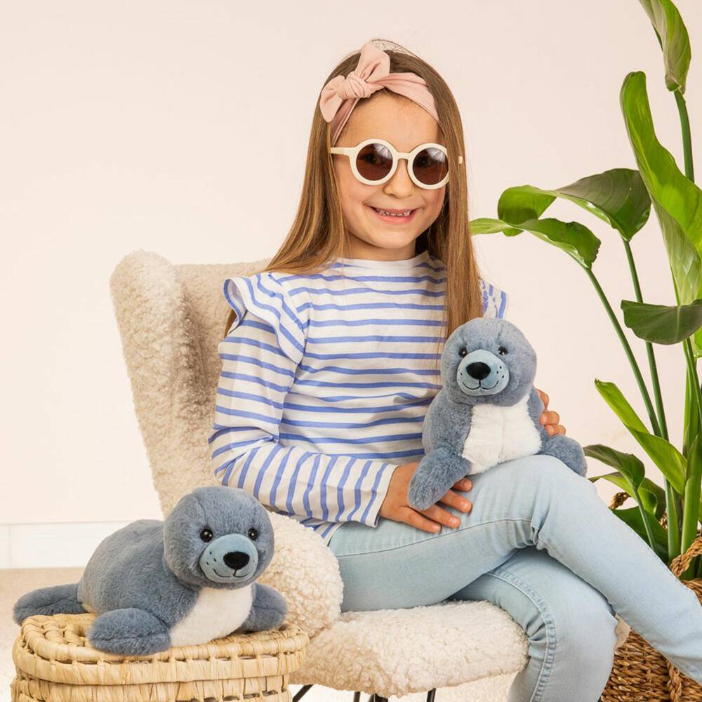 Teddy Hermann Robbe Romi, Kuscheltier, Stofftier, Plüschtier, Herzekind, Blaugrau, 33 cm, 939474