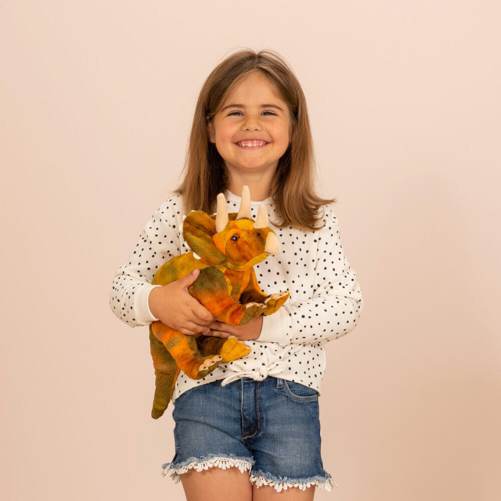 Teddy Hermann Dinosaur Triceratops, Cuddly Toy, Stuffed Toy, Plush Toy, Exotic Wild Animal, Orange Green, 42 cm, 945062