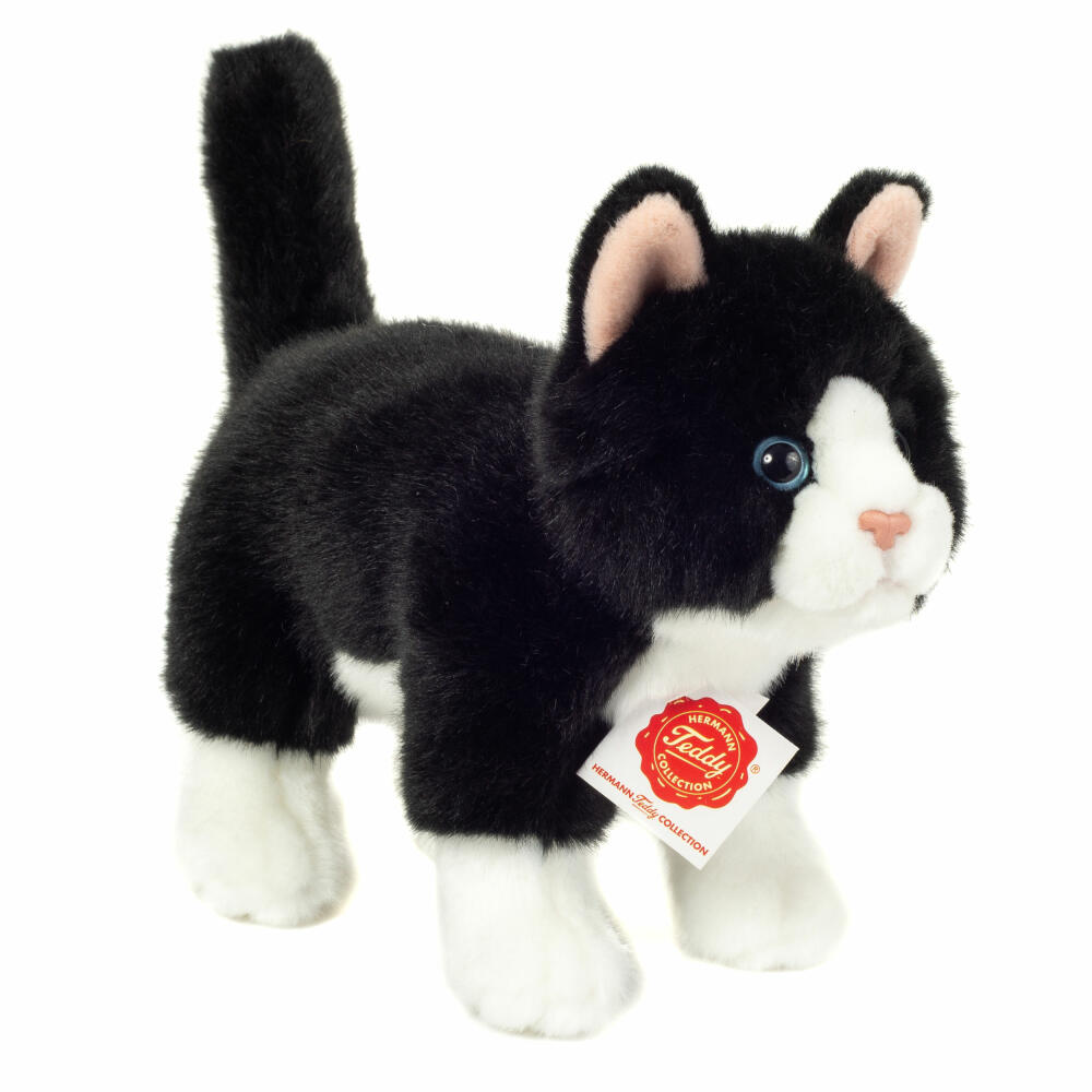 Teddy Hermann Katze stehend, Kuscheltier, Stofftier, Plüschtier, Schwarz Weiß, 20 cm, 918202