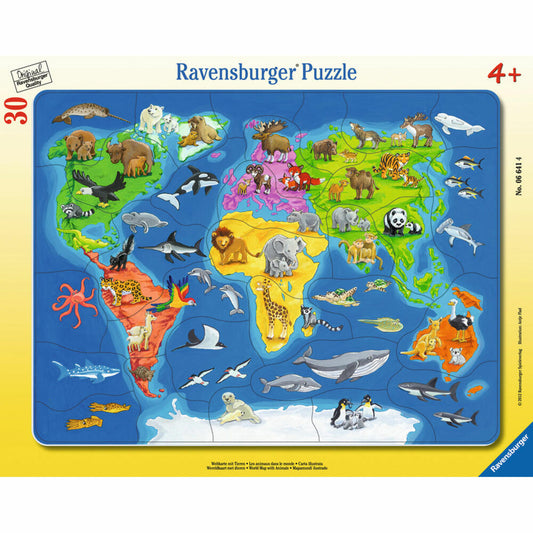 Ravensburger Puzzle World Map With Animals, Frame Puzzle, Children's Puzzle, Laying Game, Children's Game, Puzzle Game, 30 Pieces, 06641 4
