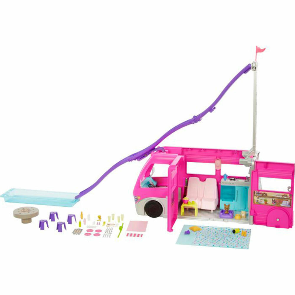 Mattel Barbie Super Abenteuer-Camper, Fahrzeug, mit Pool, Rutsche, Auto, Puppe, 76 cm, HCD46
