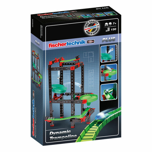 fischertechnik Dynamic Plus Trampoline, 130-tlg., Rolling Action, Kugelbahn, Motorikspielzeug, Trampolin, Baukasten, 544623