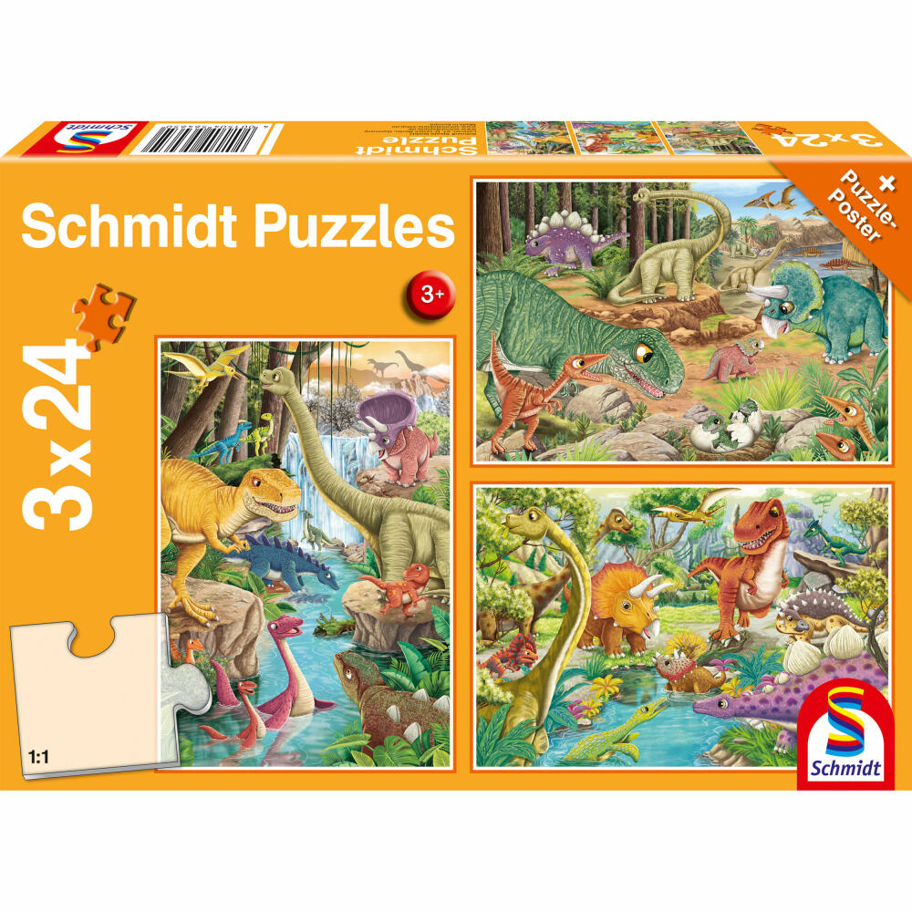 Schmidt Spiele Spaß mit den Dinosauriern, Puzzle, Kinderpuzzle, Kinder, 3 x 24 Teile, 56465