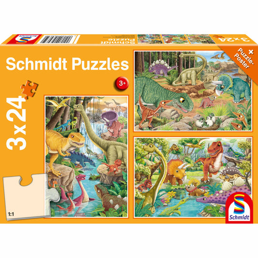 Schmidt Spiele Spaß mit den Dinosauriern, Puzzle, Kinderpuzzle, Kinder, 3 x 24 Teile, 56465