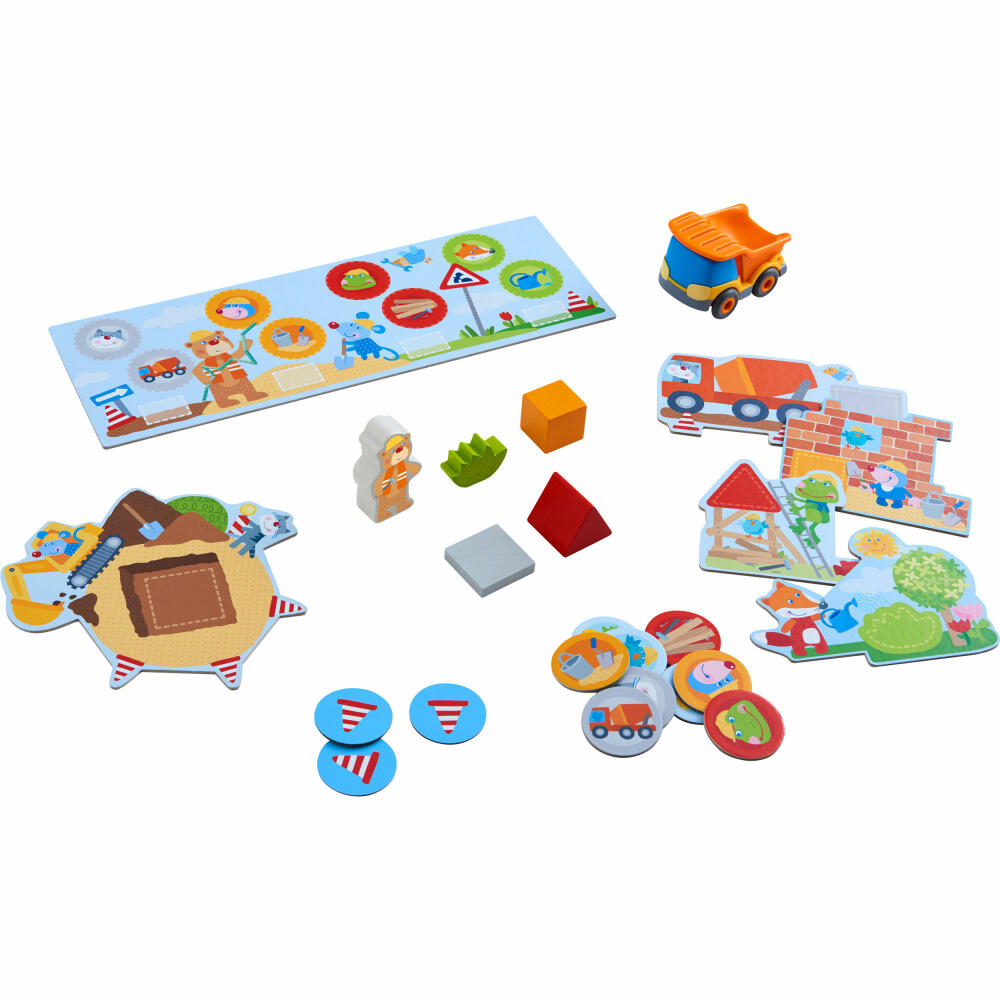 HABA Meine ersten Spiele - Baustelle, kooperatives Memospiel, Kullerbü-Fahrzeug, Vorlesegeschichte, ab 2 Jahren, 305211