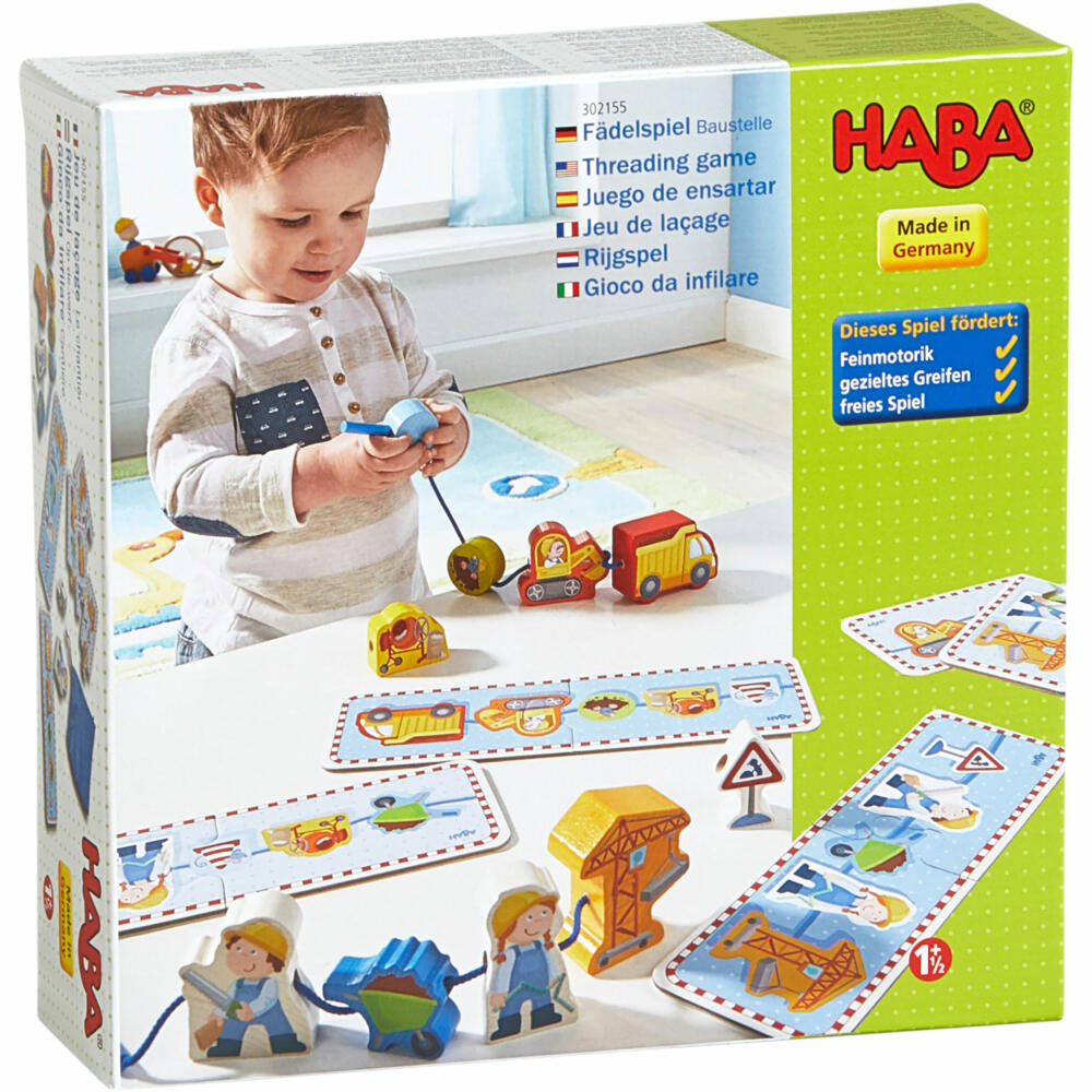 HABA Fädelspiel Baustelle, Fadenspiel, Spielzeug, Geschicklichkeitsspiel, Buche, Pappe, Polyester, 302155