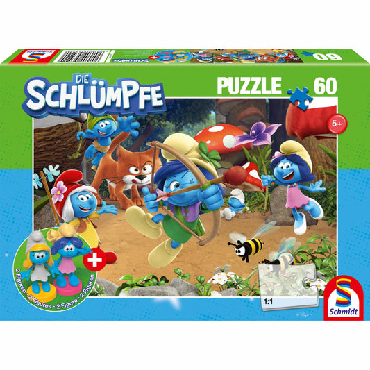 Schmidt Spiele Puzzle The Smurfs Azrael in Smurfhausen, Children's Puzzle, Children, 60 Pieces, with 2 Figures, 56522
