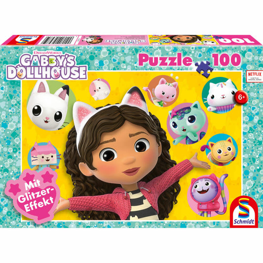 Schmidt Spiele Gabbys Dollhouse Gabby and her friends, puzzle, children's puzzle, glitter puzzle, 100 pieces, 56475