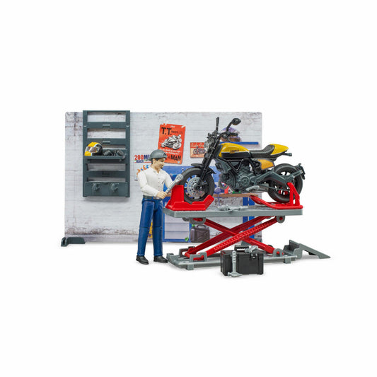 Bruder bworld Motorradwerkstatt, 8-tlg., mit Scrambler Ducati Full Throttle, Werkstatt, Hebebühne, Spiel Figur, Zubehör, 62102
