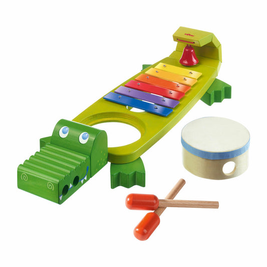 HABA Klang-Kroko, Musikinstrument, Metallophon, Klangspiel, Musikspielzeug, 4 Instrumente, Holz, 302566
