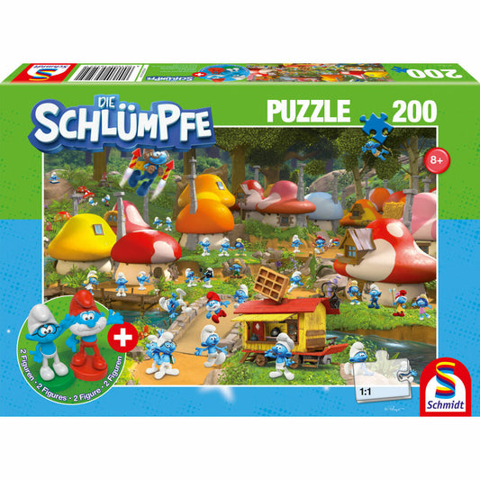 Schmidt Spiele Puzzle The Smurfs In Smurfhausen, Children's Puzzle, Children, 200 Pieces, with 2 Figures, 56525