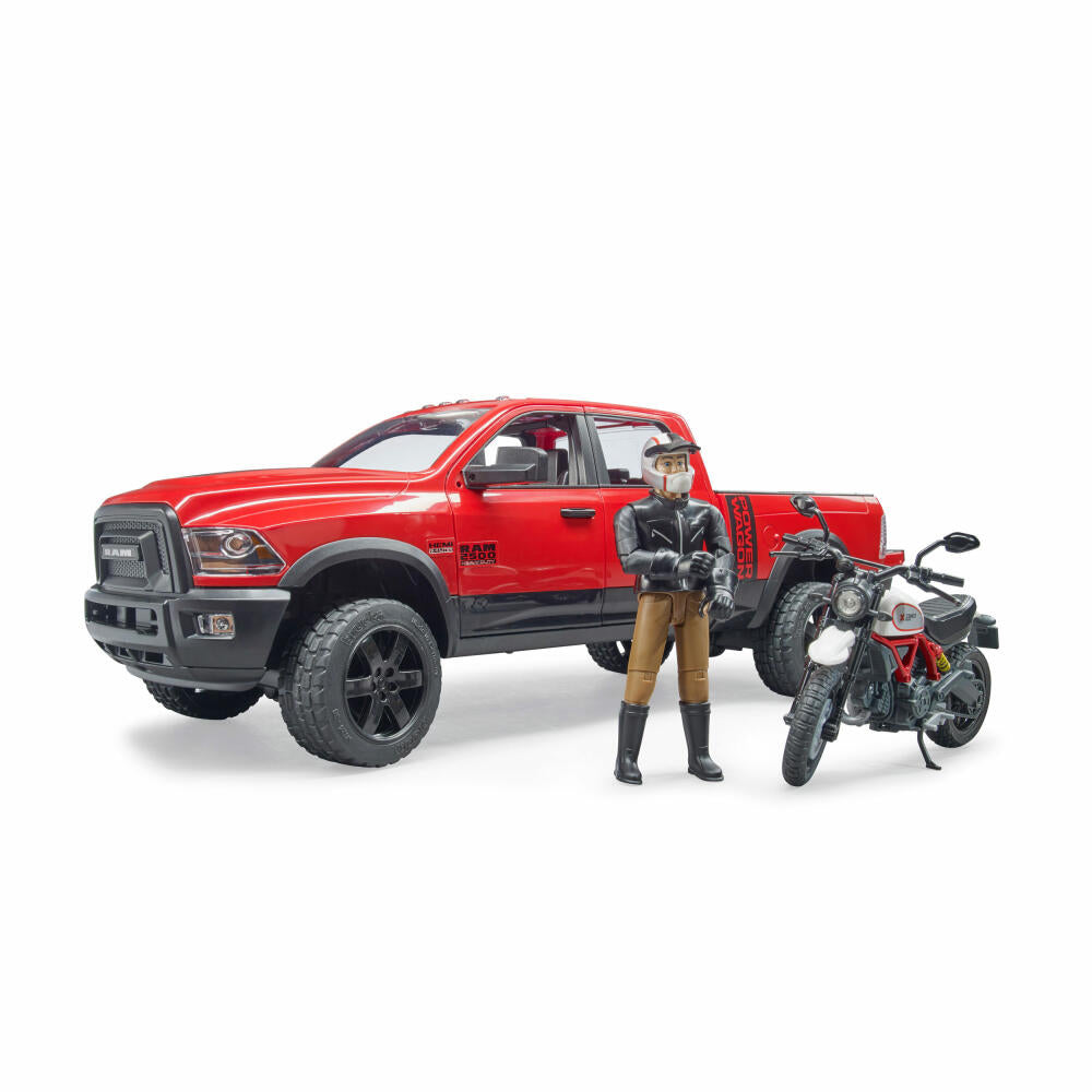 Bruder Leisure RAM 2500 Power Wagon, with Scrambler Ducati Desert Sled and Driver, Pick Up Truck, Motirrad, Model Vehicle, Model Vehicle, Toy, 02502