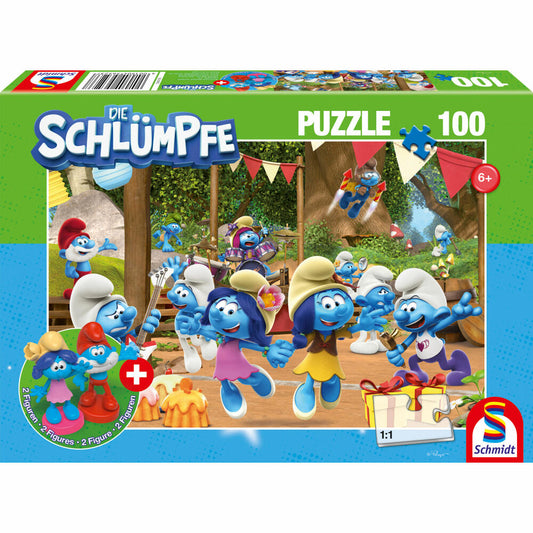 Schmidt Spiele Puzzle The Smurfs Smurfed Party, Children's Puzzle, Children, 100 Pieces, with 2 Figures, 56523
