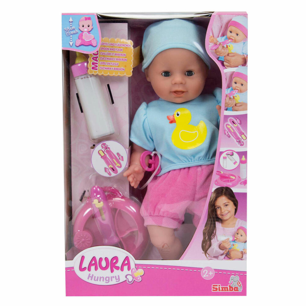 Simba Laura Hungry Weichkörperpuppe, Puppe, Baby Puppe, Essen, Füttern, 38 cm, 105010964