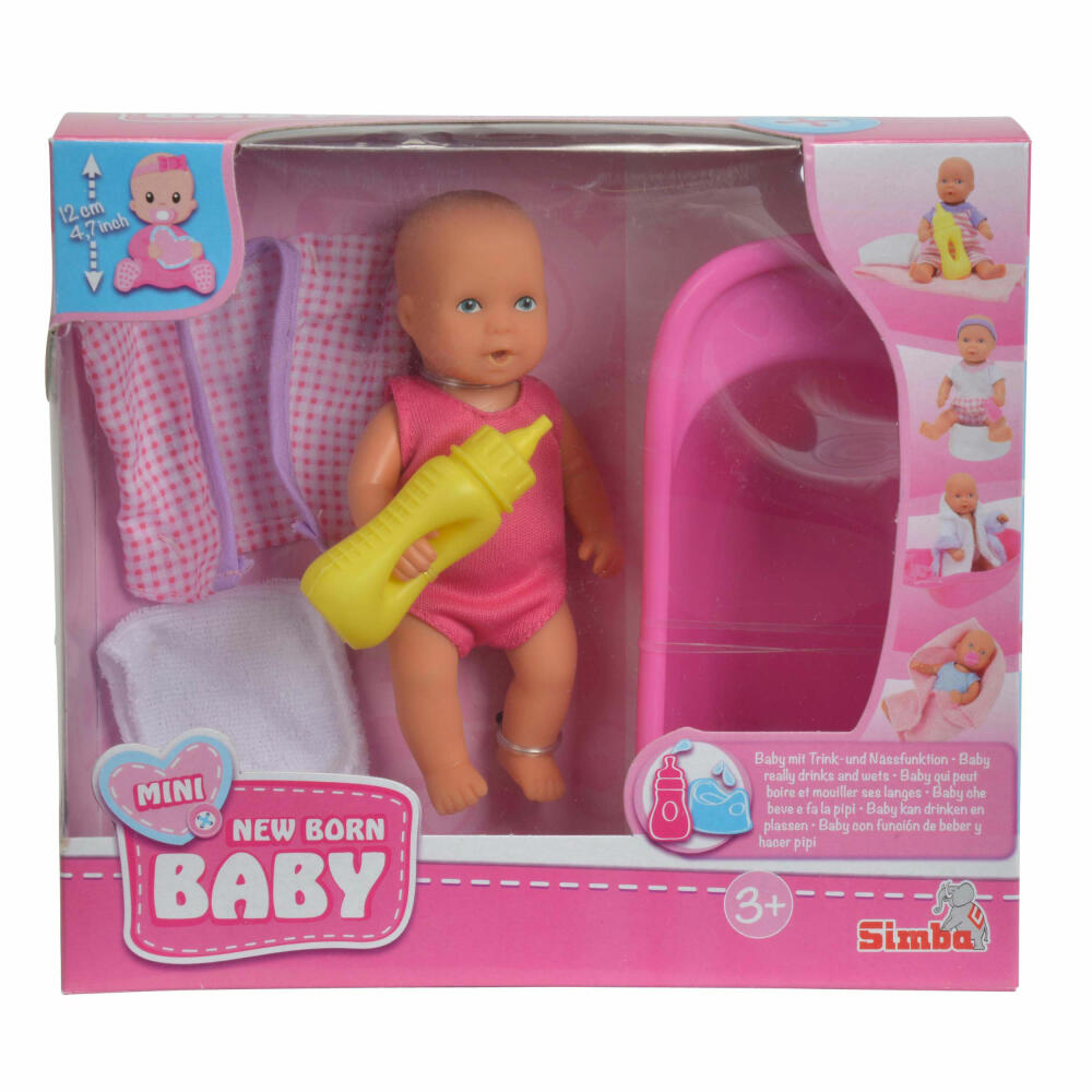 Simba Mini New Born Baby Set, Babypuppe, Baby Puppe, Badeset, Badewanne, mit Zubehör, Spielzeug, 105033218