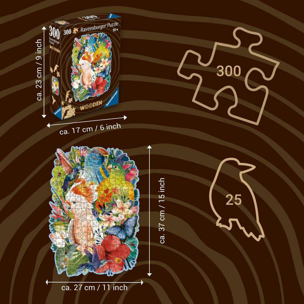 Ravensburger Wooden Puzzle Exotic Birds, 300 pieces, contour wooden puzzle, from 12 years, 12000760