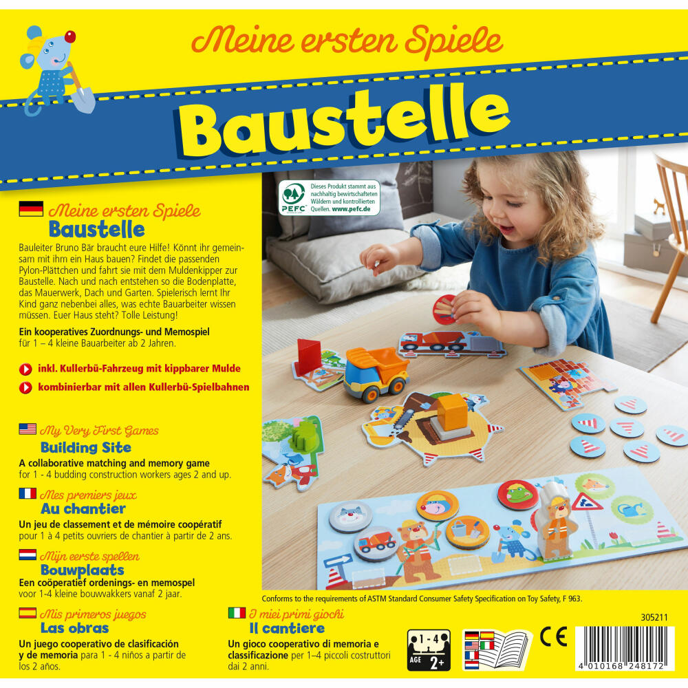 HABA Meine ersten Spiele - Baustelle, kooperatives Memospiel, Kullerbü-Fahrzeug, Vorlesegeschichte, ab 2 Jahren, 305211